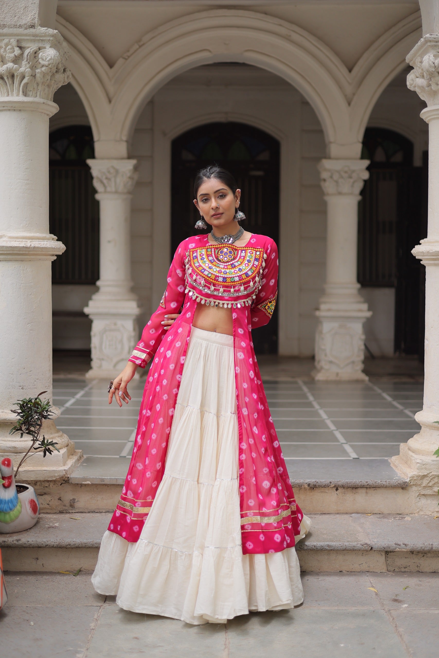 β¨  Navratri Collection - Bandhani Print Kurti with Kora Cotton Lehenga